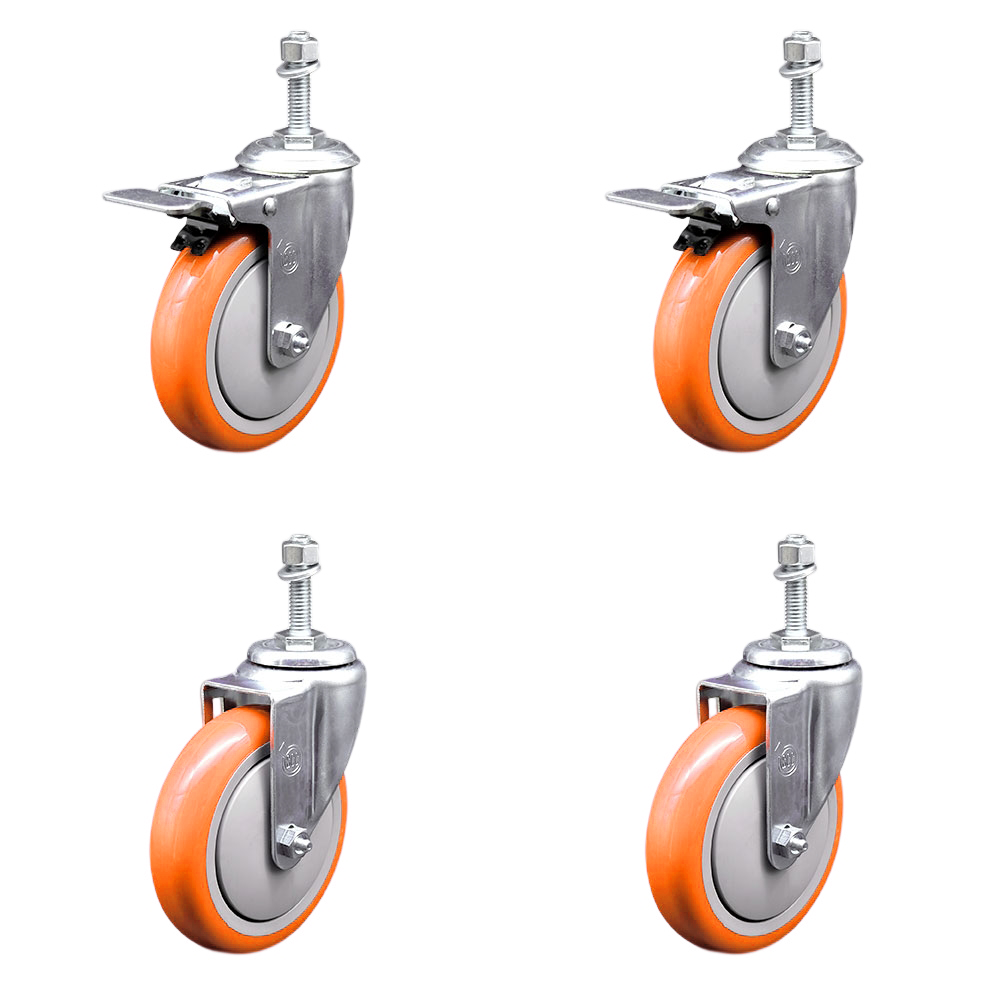 Polyurethane Swivel Threaded Stem Caster Set of 4 w/5" x 1.25" Orange Wheels and 10mm Stems - Includes 2 with Total Locking Brake - 1400 lbs Total Capacity - Service Caster Brand — photo 1