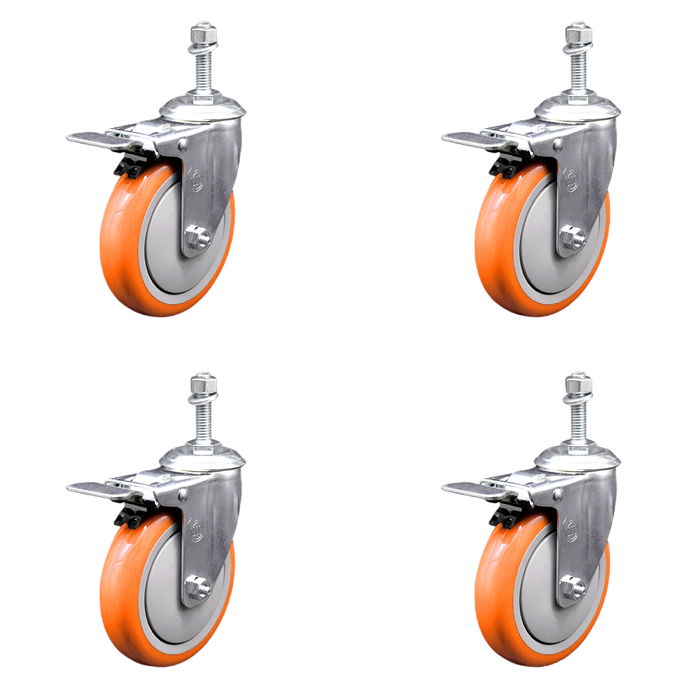 Polyurethane Swivel Stem Caster Set of 4 with 5 Inch Orange Caster Wheels - 10mm Metric Threaded Stems-316 Stainless Steel Casters-Includes 4 Swivel Casters with Total Lock Brakes-Service Caster Brand — photo 1