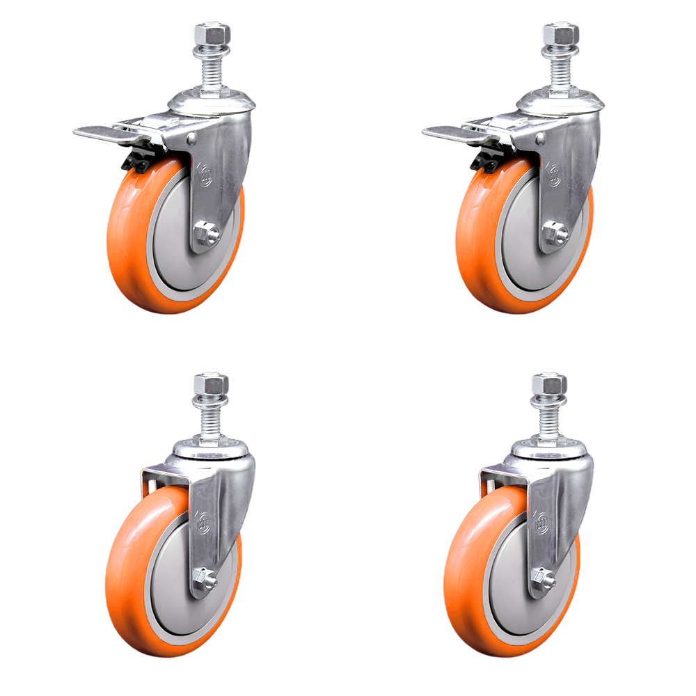 Polyurethane Swivel Threaded Stem Caster Set of 4 w/5" x 1.25" Orange Wheels and 12mm Stems - Includes 2 with Total Locking Brake - 1400 lbs Total Capacity - Service Caster Brand — photo 1
