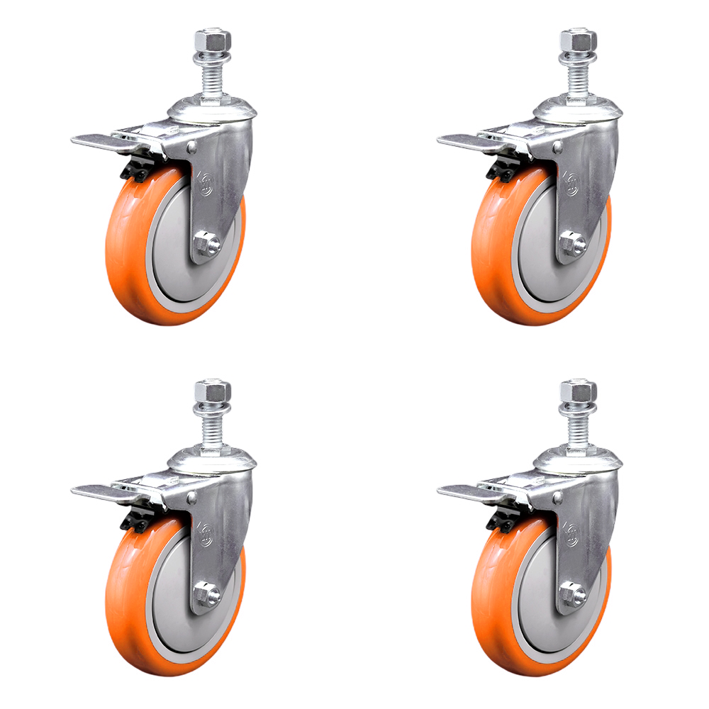 Polyurethane Swivel Threaded Stem Caster Set of 4 w/5" x 1.25" Orange Wheels and 12mm Stems - Includes 4 with Total Lock Brakes - 1400 lbs Total Capacity - Service Caster Brand — photo 1