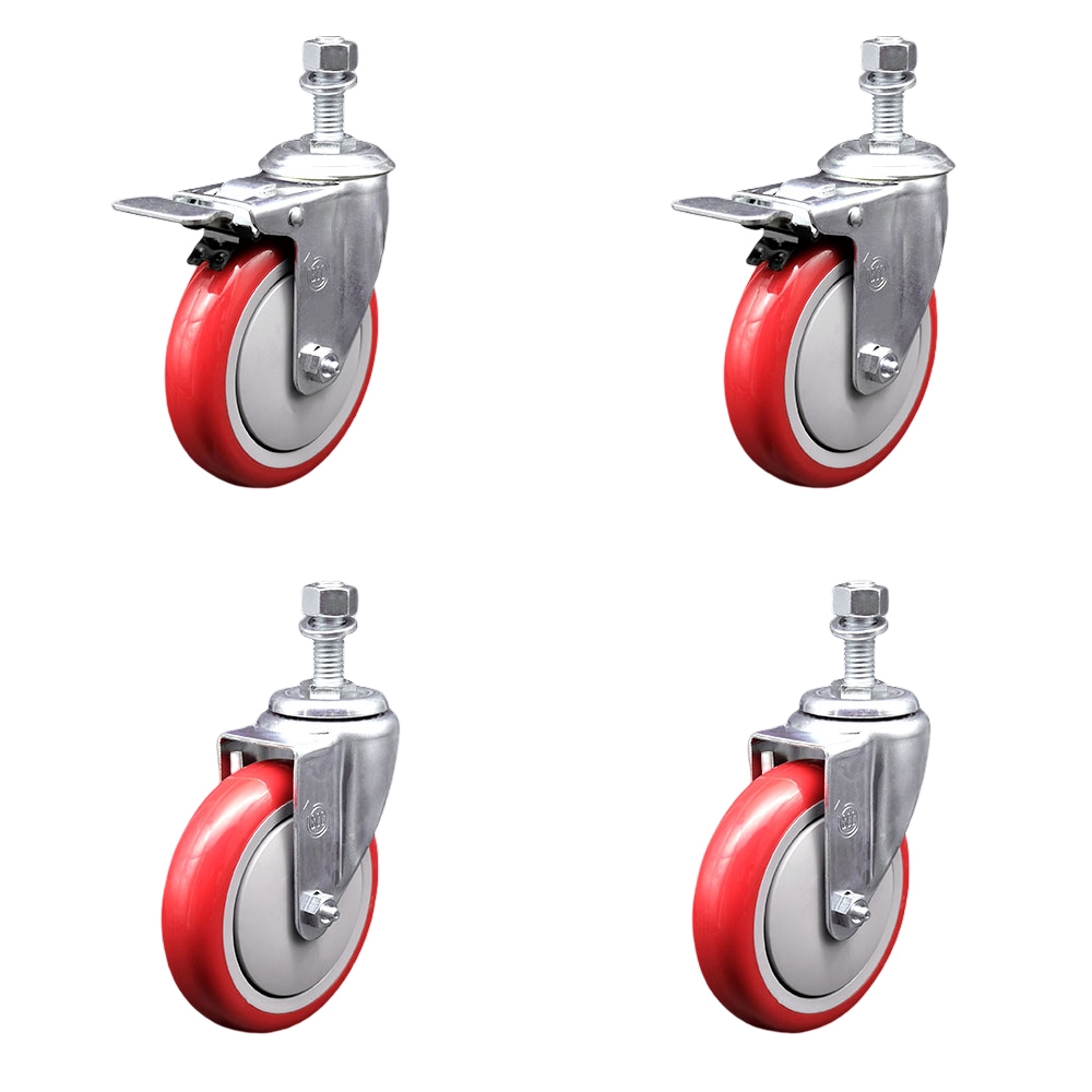 Polyurethane Swivel Threaded Stem Caster Set of 4 w/5" x 1.25" Red Wheels and 1/2" Stems - Includes 2 with Total Locking Brake - 1400 lbs Total Capacity - Service Caster Brand — photo 1