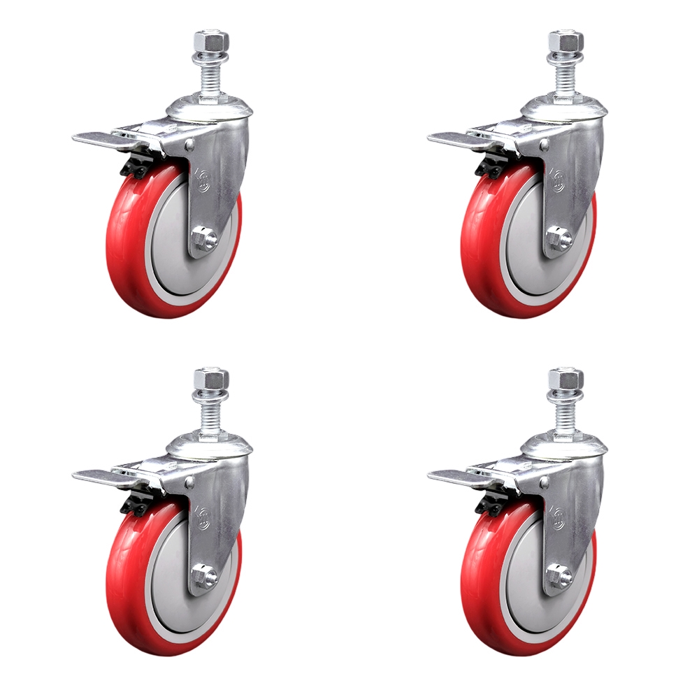 Polyurethane Swivel Threaded Stem Caster Set of 4 w/5" x 1.25" Red Wheels and 1/2" Stems - Includes 4 with Total Lock Brakes - 1400 lbs Total Capacity - Service Caster Brand — photo 1