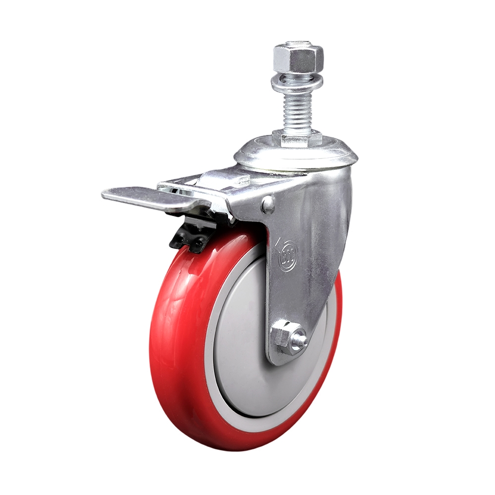 5" Swivel Caster with 1/2" Threaded Stem, Red Polyurethane Wheel and Total Lock Brake - 350 lbs. Capacity - Service Caster Brand — photo 1