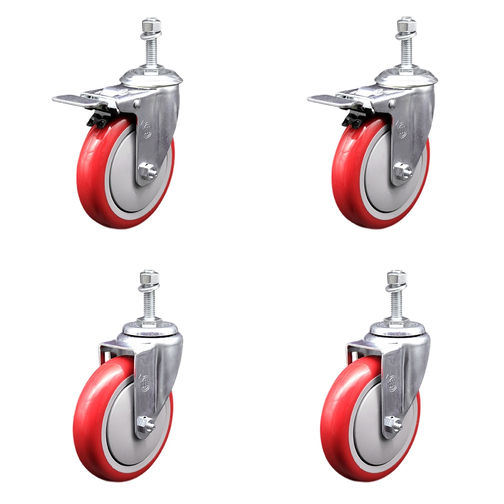Polyurethane Swivel Threaded Stem Caster Set of 4 w/5" x 1.25" Red Wheels and 3/8" Stems - Includes 2 with Total Locking Brake - 1400 lbs Total Capacity - Service Caster Brand — photo 1