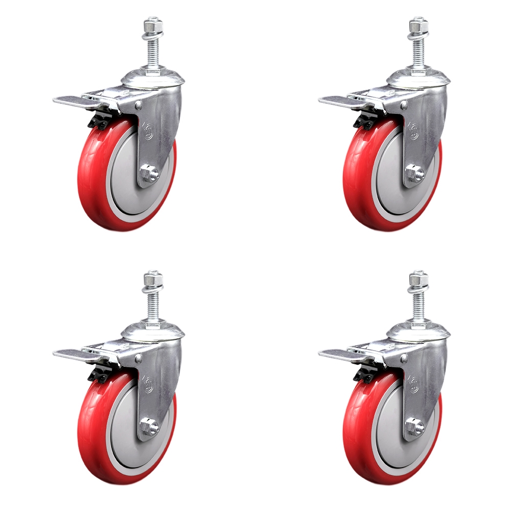 Polyurethane Swivel Threaded Stem Caster Set of 4 w/5" x 1.25" Red Wheels and 3/8" Stems - Includes 4 with Total Lock Brakes - 1400 lbs Total Capacity - Service Caster Brand — photo 1