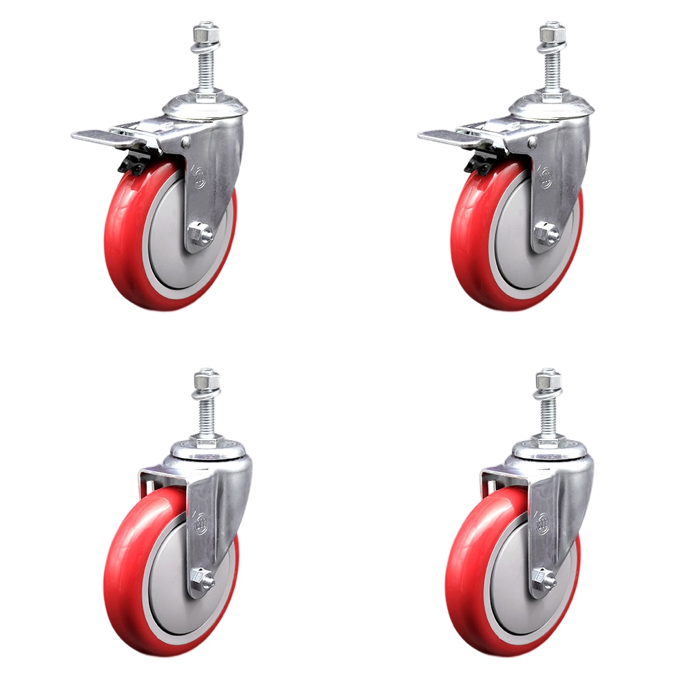 Polyurethane Swivel Threaded Stem Caster Set of 4 w/5" x 1.25" Red Wheels and 10mm Stems - Includes 2 with Total Locking Brake - 1400 lbs Total Capacity - Service Caster Brand — photo 1