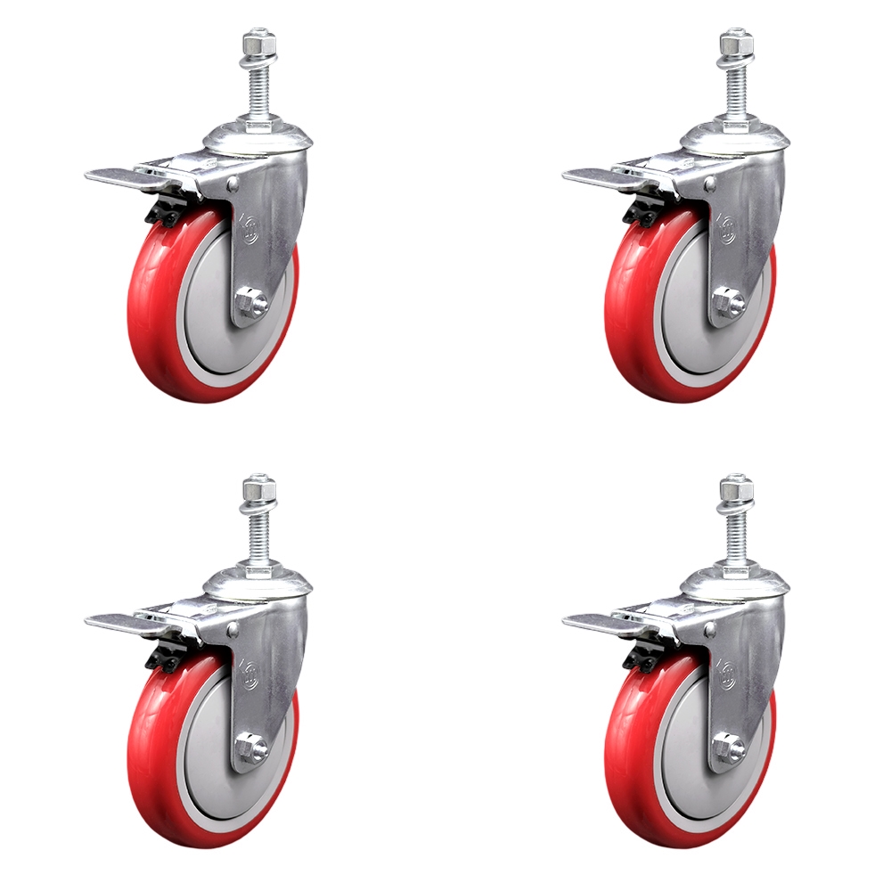 Polyurethane Swivel Threaded Stem Caster Set of 4 w/5" x 1.25" Red Wheels and 10mm Stems - Includes 4 with Total Lock Brakes - 1400 lbs Total Capacity - Service Caster Brand — photo 1