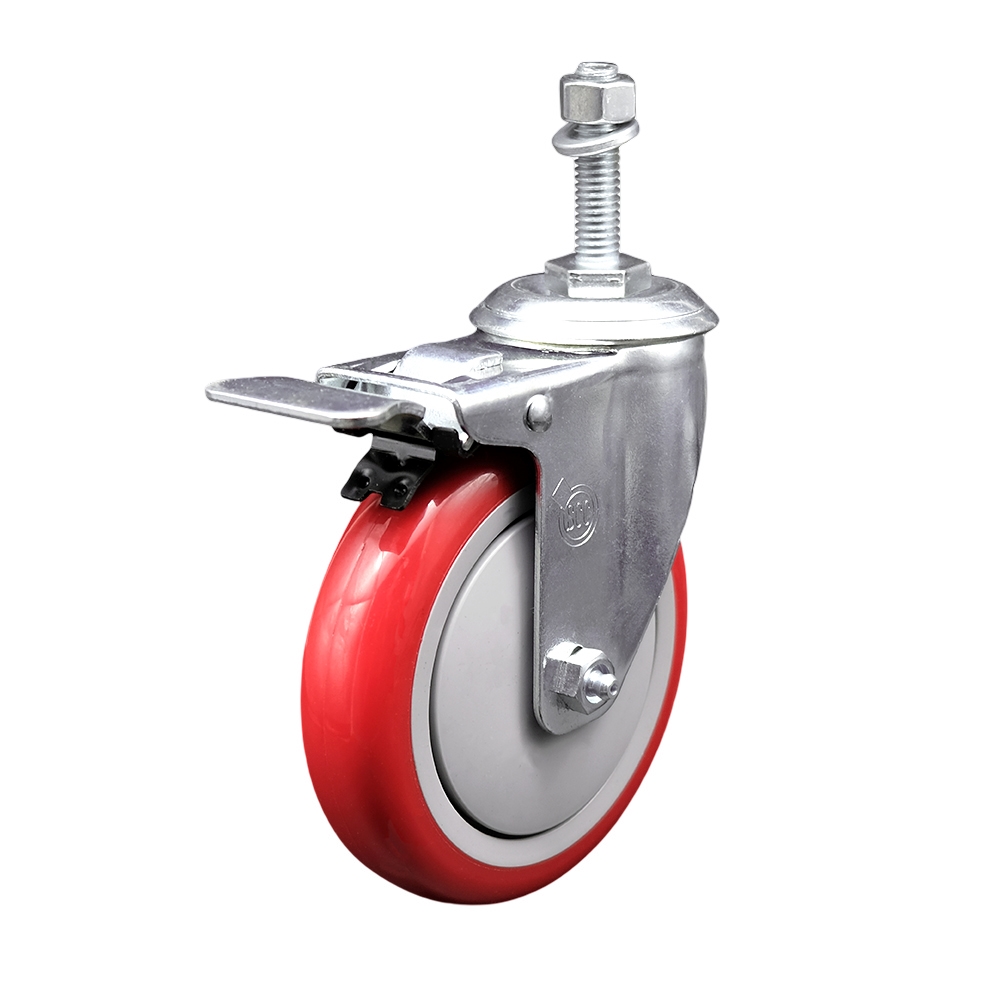 5" Swivel Caster with 10mm Threaded Stem, Red Polyurethane Wheel and Total Lock Brake - 350 lbs. Capacity - Service Caster Brand — photo 1