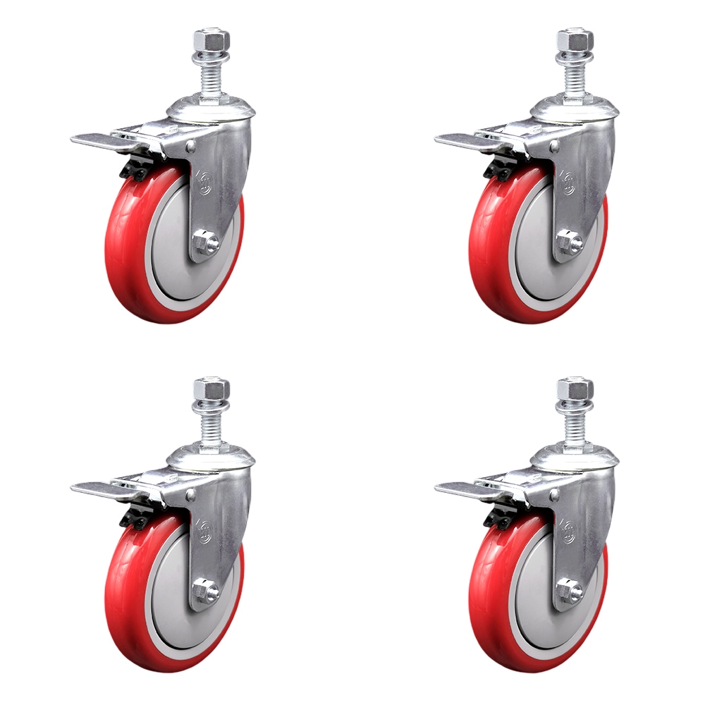 Polyurethane Swivel Threaded Stem Caster Set of 4 w/5" x 1.25" Red Wheels and 12mm Stems - Includes 4 with Total Lock Brakes - 1400 lbs Total Capacity - Service Caster Brand — photo 1
