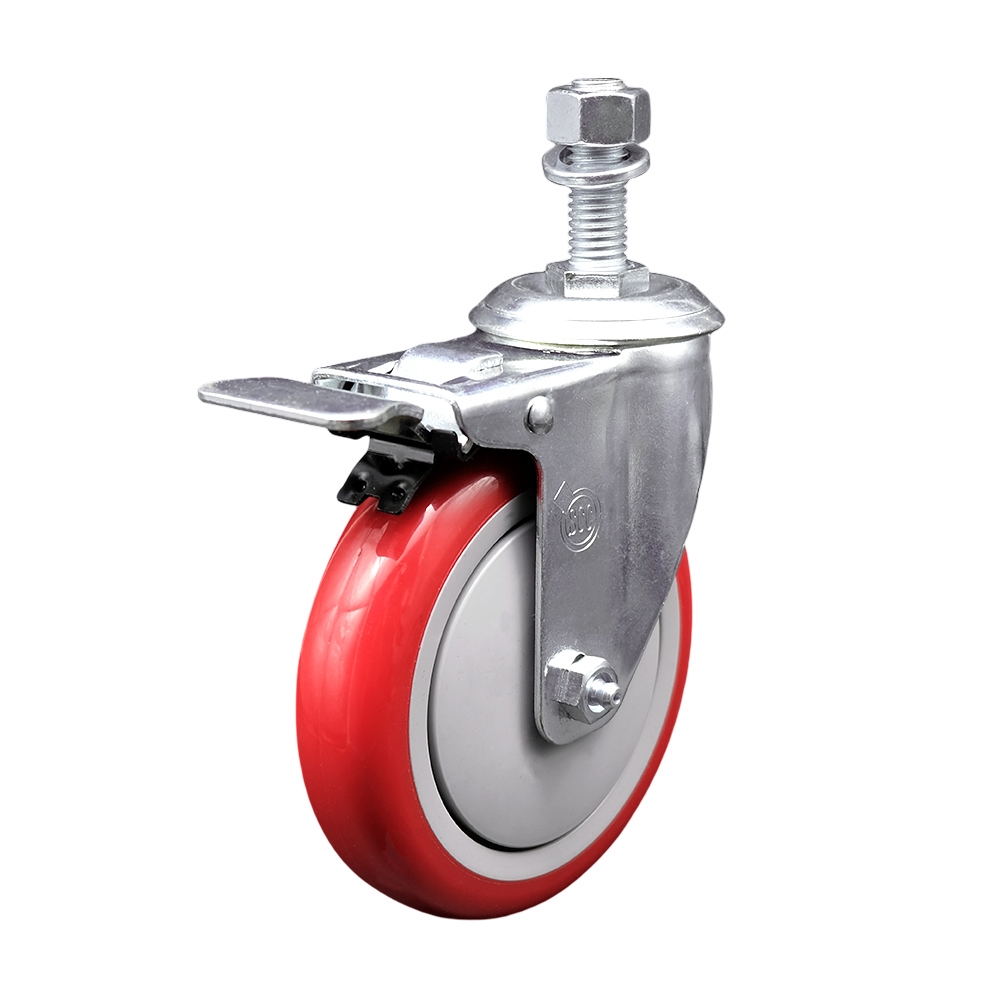 5" Swivel Caster with 12mm Threaded Stem, Red Polyurethane Wheel and Total Lock Brake - 350 lbs. Capacity - Service Caster Brand — photo 1