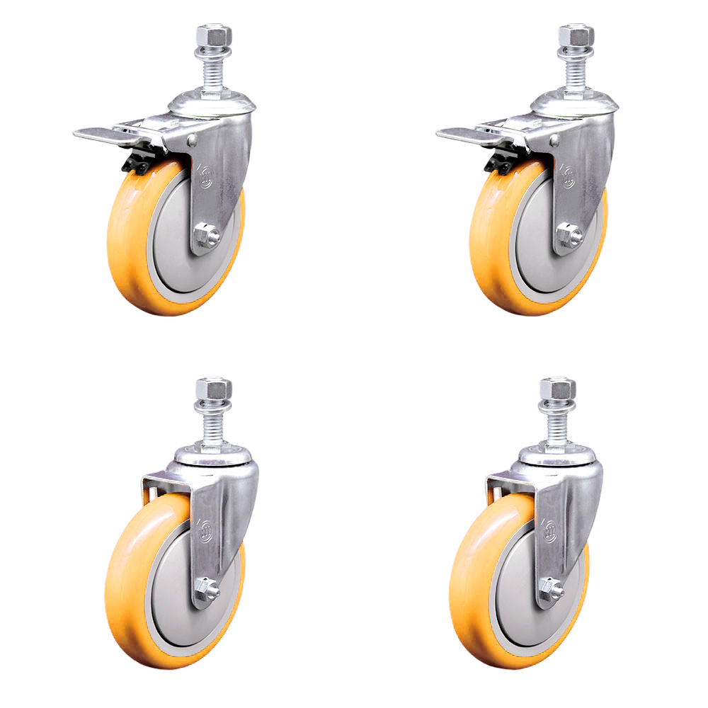 Polyurethane Swivel Threaded Stem Caster Set of 4 w/5" x 1.25" Yellow Wheels and 1/2" Stems - Includes 2 with Total Locking Brake - 1400 lbs Total Capacity - Service Caster Brand — photo 1