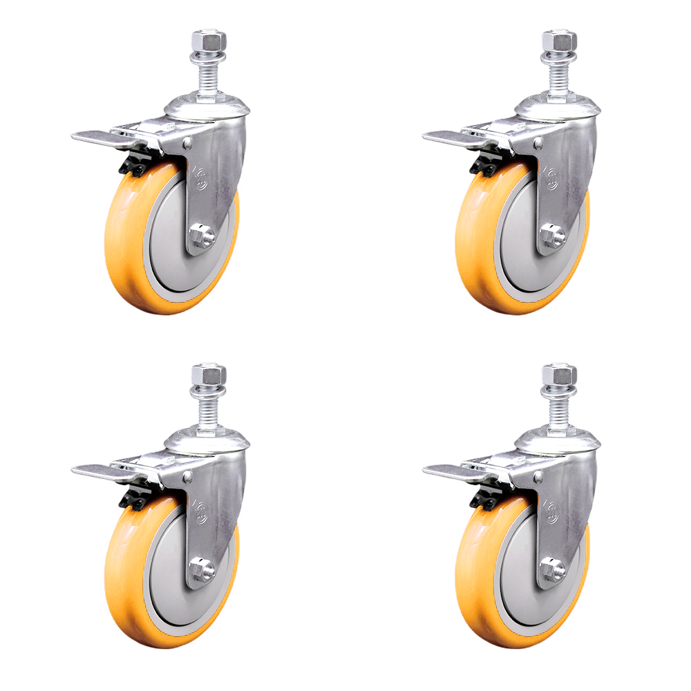 Polyurethane Swivel Threaded Stem Caster Set of 4 w/5" x 1.25" Yellow Wheels and 1/2" Stems - Includes 4 with Total Lock Brakes - 1400 lbs Total Capacity - Service Caster Brand — photo 1