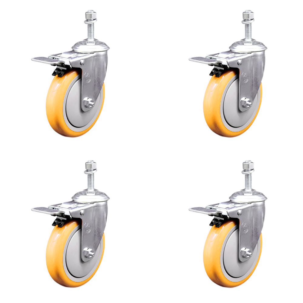 Polyurethane Swivel Threaded Stem Caster Set of 4 w/5" x 1.25" Yellow Wheels and 3/8" Stems - Includes 4 with Total Lock Brakes - 1400 lbs Total Capacity - Service Caster Brand — photo 1