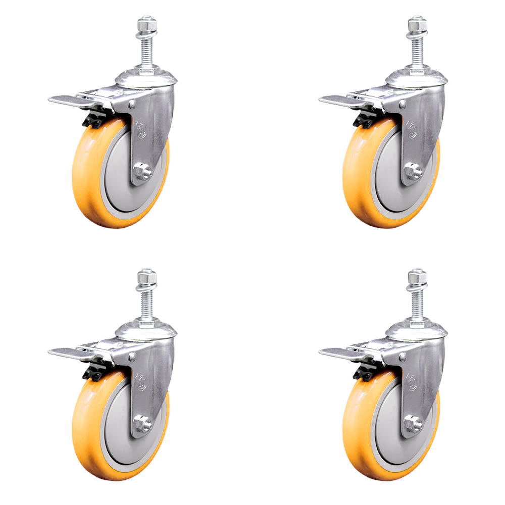 Polyurethane Swivel Stem Caster Set of 4 with 5 Inch Yellow Caster Wheels - 10mm Metric Threaded Stems-316 Stainless Steel Casters-Includes 4 Swivel Casters with Total Lock Brakes-Service Caster Brand — photo 1