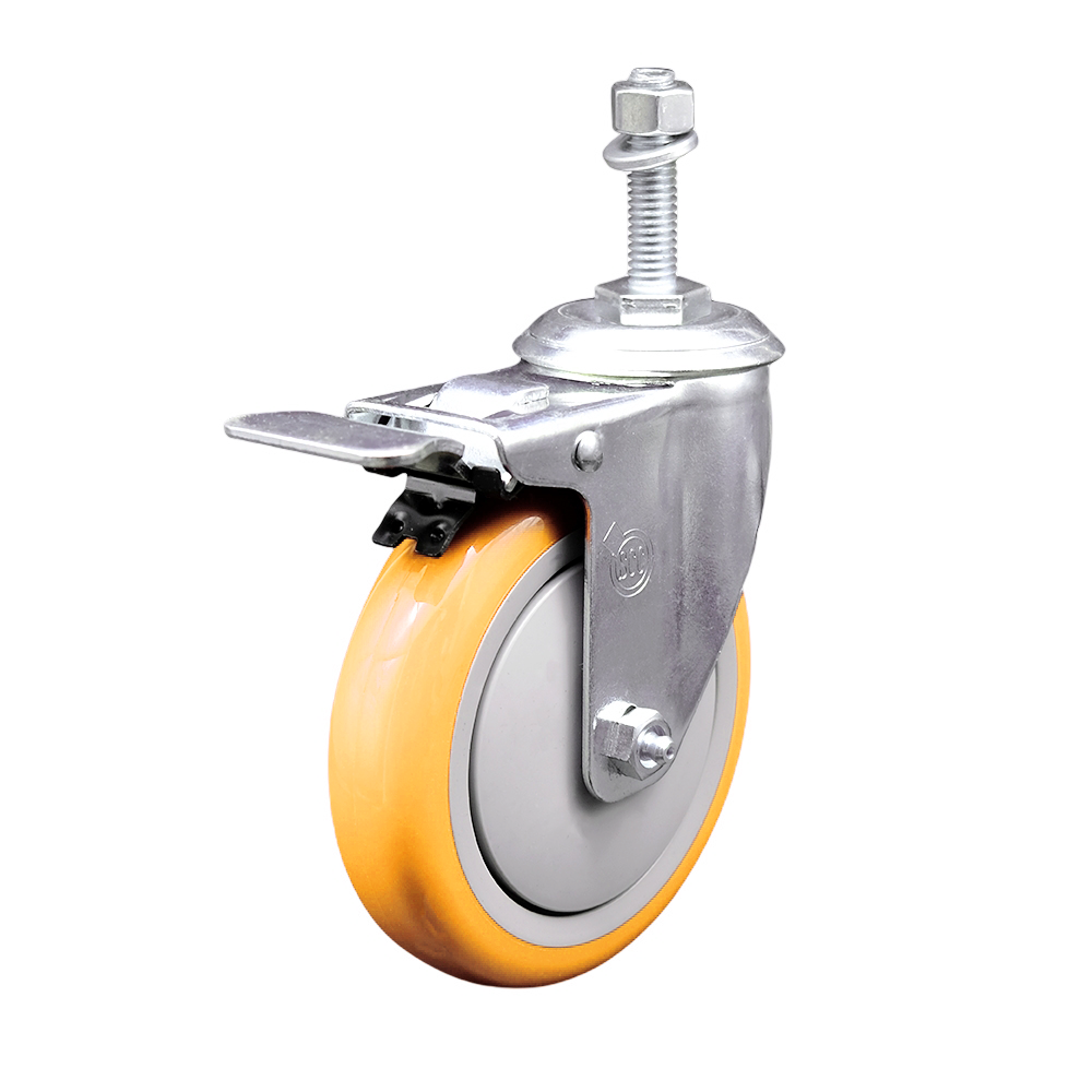 Polyurethane Swivel Stem Caster with 5 Inch Yellow Caster Wheel and Total Lock Brake - 10mm Metric Threaded Stem - 316 Stainless Steel Caster - 350 lbs. Capacity Per Caster - Service Caster Brand — photo 1
