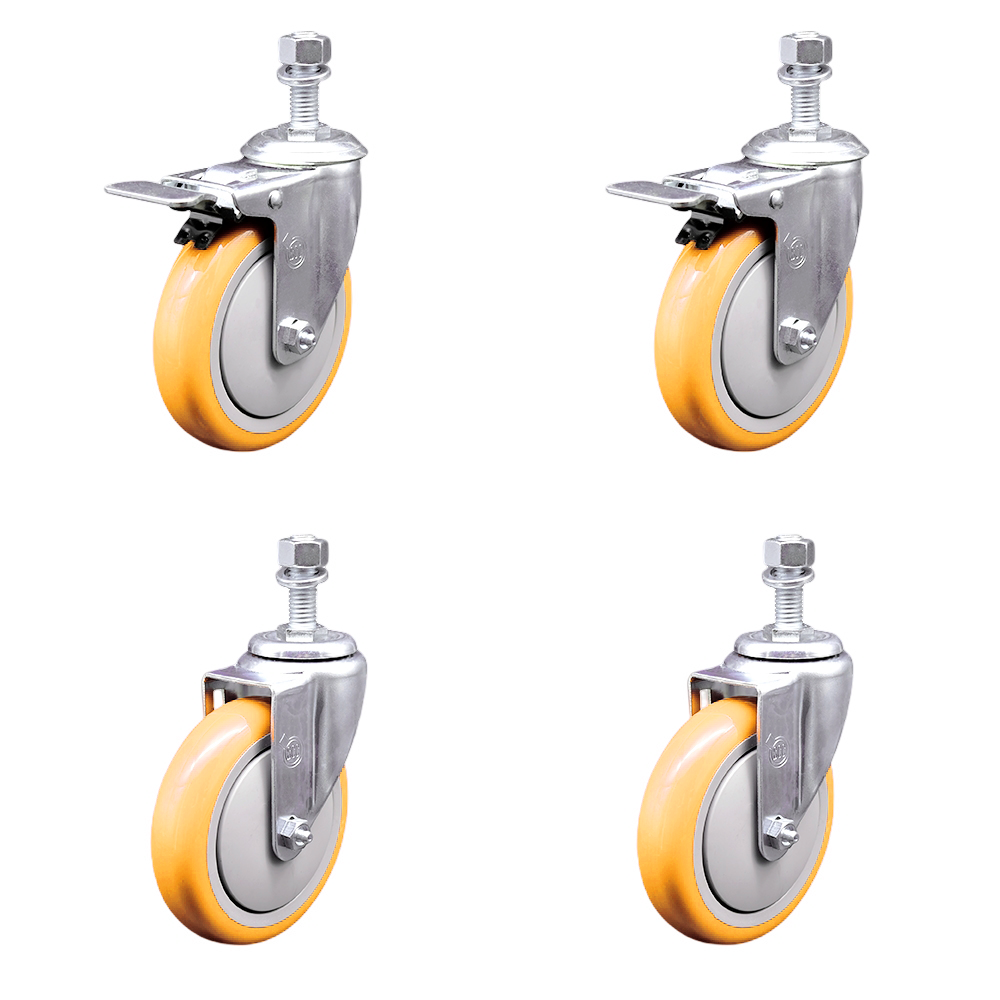 Polyurethane Swivel Threaded Stem Caster Set of 4 w/5" x 1.25" Yellow Wheels and 12mm Stems - Includes 2 with Total Locking Brake - 1400 lbs Total Capacity - Service Caster Brand — photo 1