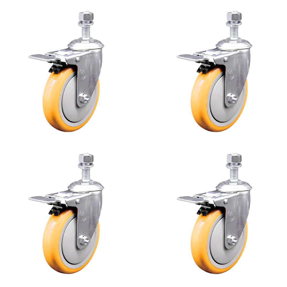 Polyurethane Swivel Threaded Stem Caster Set of 4 w/5" x 1.25" Yellow Wheels and 12mm Stems - Includes 4 with Total Lock Brakes - 1400 lbs Total Capacity - Service Caster Brand — photo 1