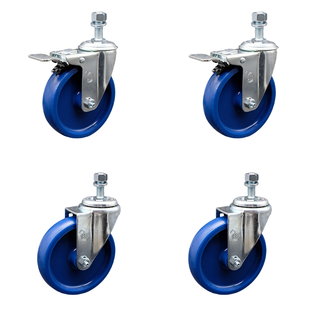 Solid Polyurethane Swivel Threaded Stem Caster Set of 4 w/5" x 1.25" Blue Wheels and 1/2" Stems - Includes 2 with Total Locking Brake - 1200 lbs Total Capacity - Service Caster Brand — photo 1