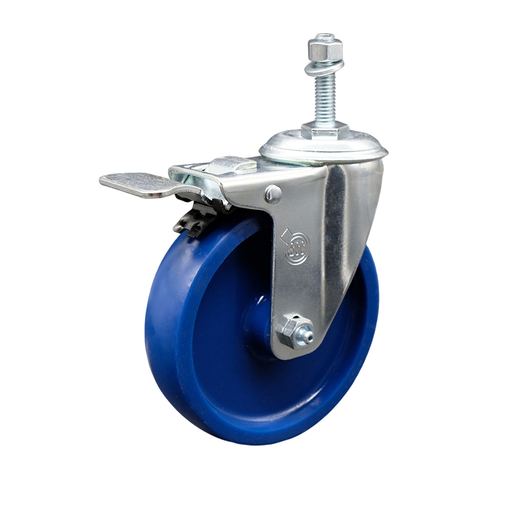 5" Swivel Caster with 3/8" Threaded Stem, Blue Solid Polyurethane Wheel and Total Lock Brake -300 lbs. Capacity - Service Caster Brand — photo 1