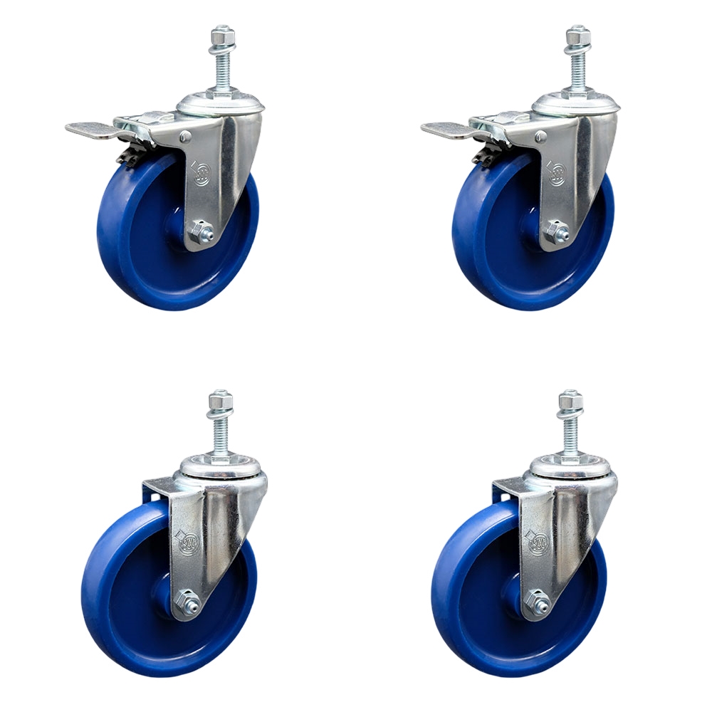 Solid Polyurethane Swivel Threaded Stem Caster Set of 4 w/5" x 1.25" Blue Wheels and 10MM Metric Stems - Includes 2 with Total Locking Brake - 1200 lbs Total Capacity - Service Caster Brand — photo 1