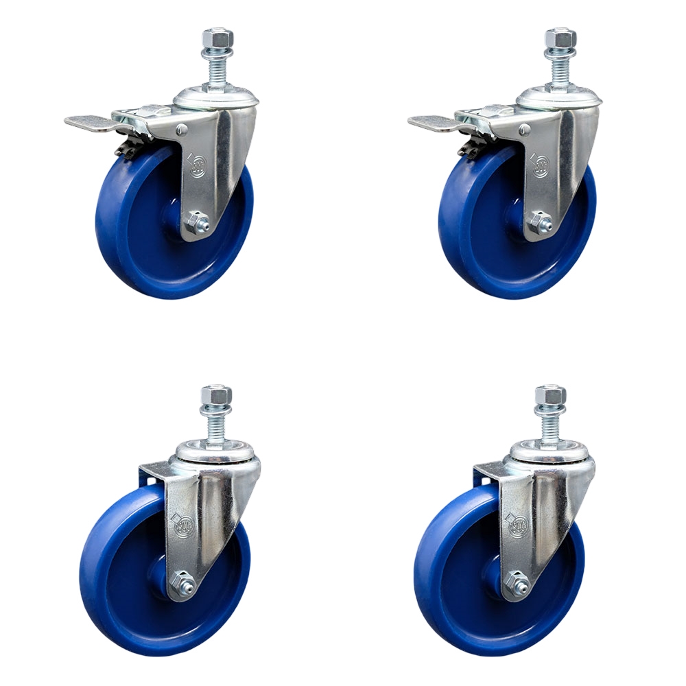 Solid Polyurethane Swivel Threaded Stem Caster Set of 4 w/5" x 1.25" Blue Wheels and 12MM Metric Stems - Includes 2 with Total Locking Brake - 1200 lbs Total Capacity - Service Caster Brand — photo 1