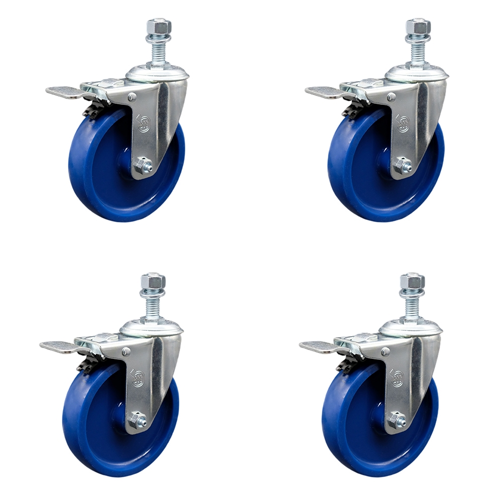 Solid Polyurethane Swivel Threaded Stem Caster Set of 4 w/5" x 1.25" Blue Wheels and 12mm Stems - Includes 4 with Total Lock Brakes - 1200 lbs Total Capacity - Service Caster Brand — photo 1
