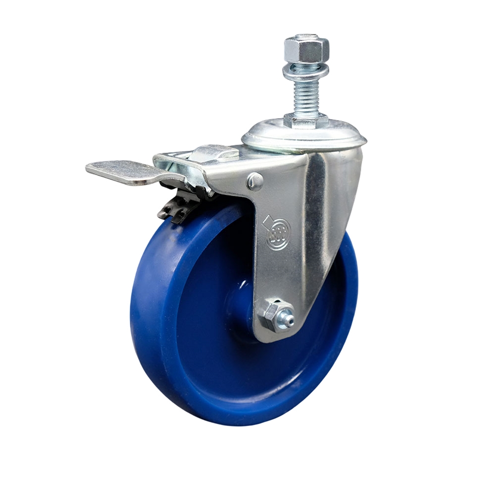 Solid Polyurethane Swivel Threaded Stem Caster w/5" x 1.25" Blue Wheel and 12MM Metric Stem & Total Locking Brake - 300 lbs Capacity/Caster - Service Caster Brand — photo 1
