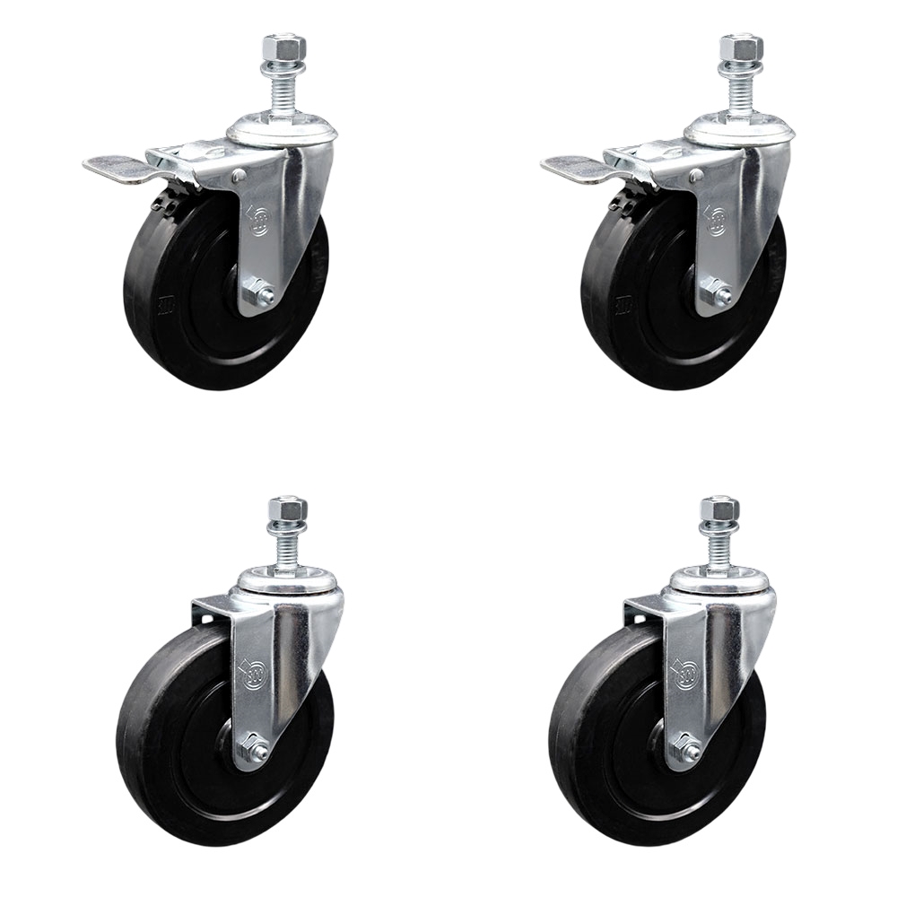 Soft Rubber Swivel Threaded Stem Caster Set of 4 w/5" x 1.25" Black Wheels and 1/2" Stems - Includes 2 with Total Locking Brake - 1100 lbs Total Capacity - Service Caster Brand — photo 1