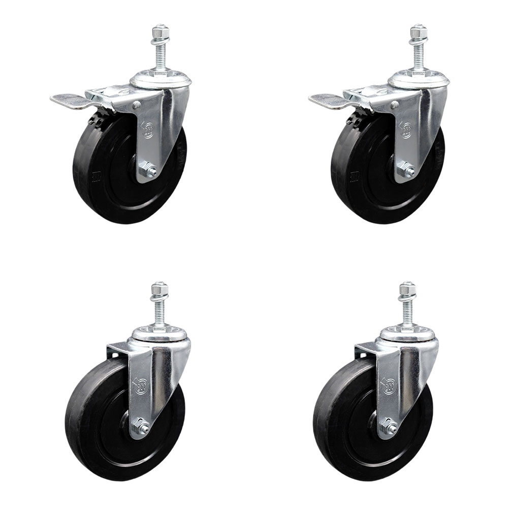Soft Rubber Swivel Threaded Stem Caster Set of 4 w/5" x 1.25" Black Wheels and 3/8" Stems - Includes 2 with Total Locking Brake - 1100 lbs Total Capacity - Service Caster Brand — photo 1