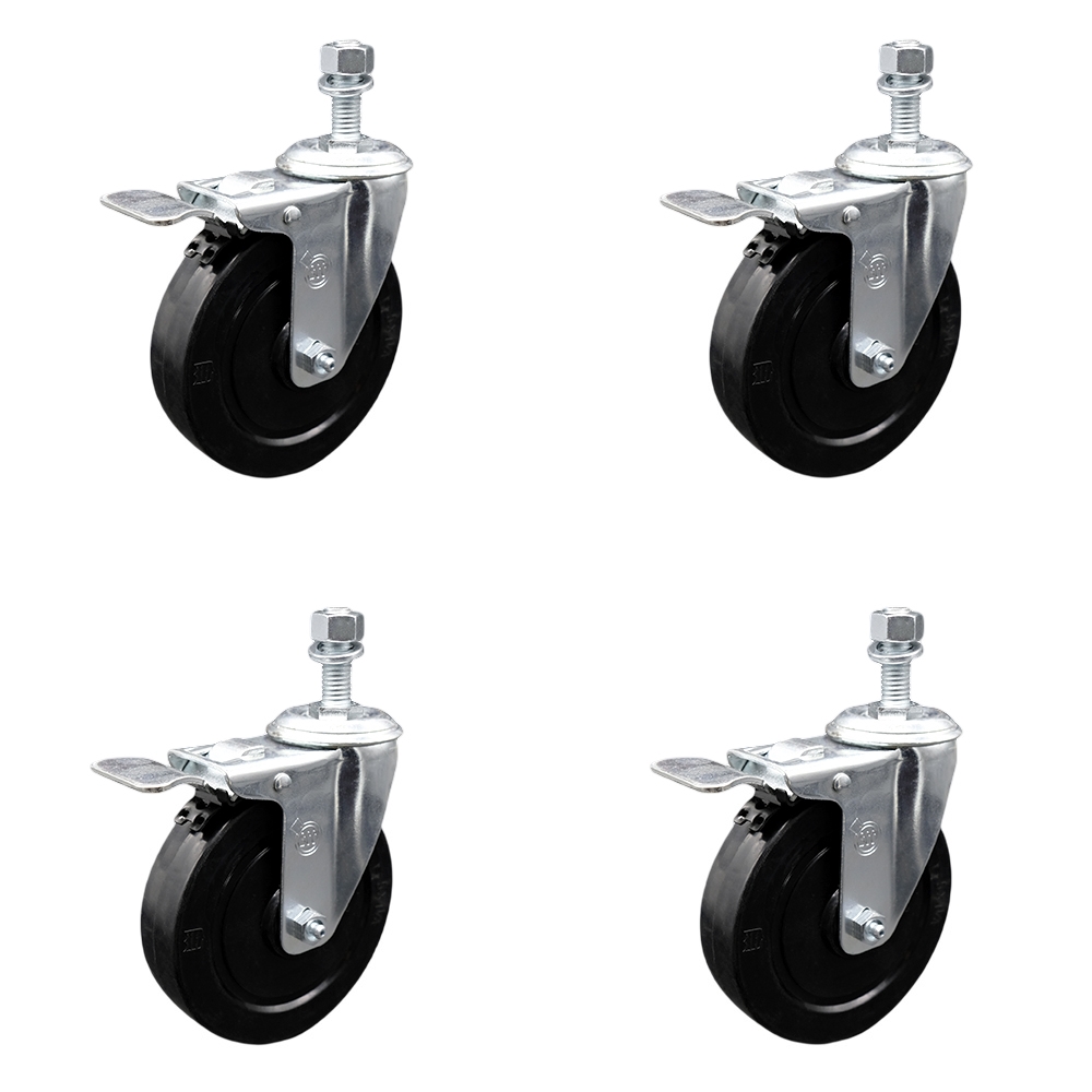 Soft Rubber Swivel Threaded Stem Caster Set of 4 w/5" x 1.25" Black Wheels and 3/8" Stems - Includes 4 with Total Lock Brakes - 1100 lbs Total Capacity - Service Caster Brand — photo 1