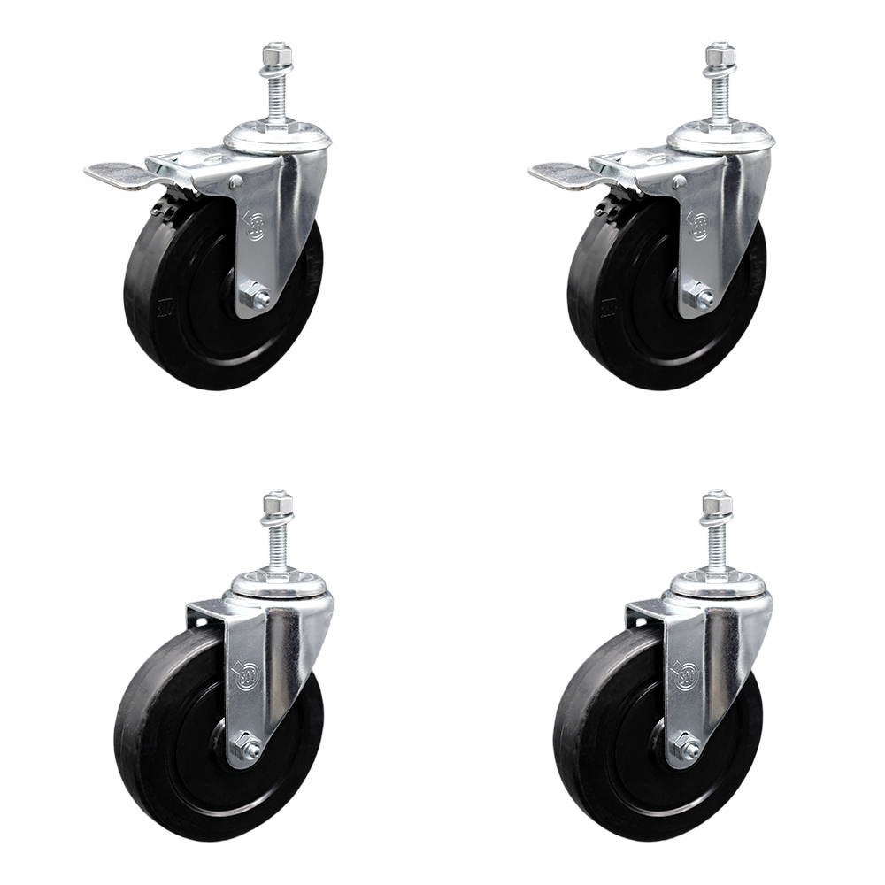 Soft Rubber Swivel Threaded Stem Caster Set of 4 w/5" x 1.25" Black Wheels and 10MM Metric Stems - Includes 2 with Total Locking Brake - 1100 lbs Total Capacity - Service Caster Brand — photo 1