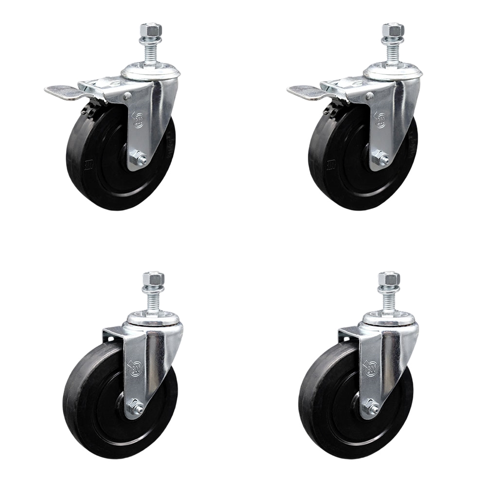 Soft Rubber Swivel Threaded Stem Caster Set of 4 w/5" x 1.25" Black Wheels and 12MM Metric Stems - Includes 2 with Total Locking Brake - 1100 lbs Total Capacity - Service Caster Brand — photo 1