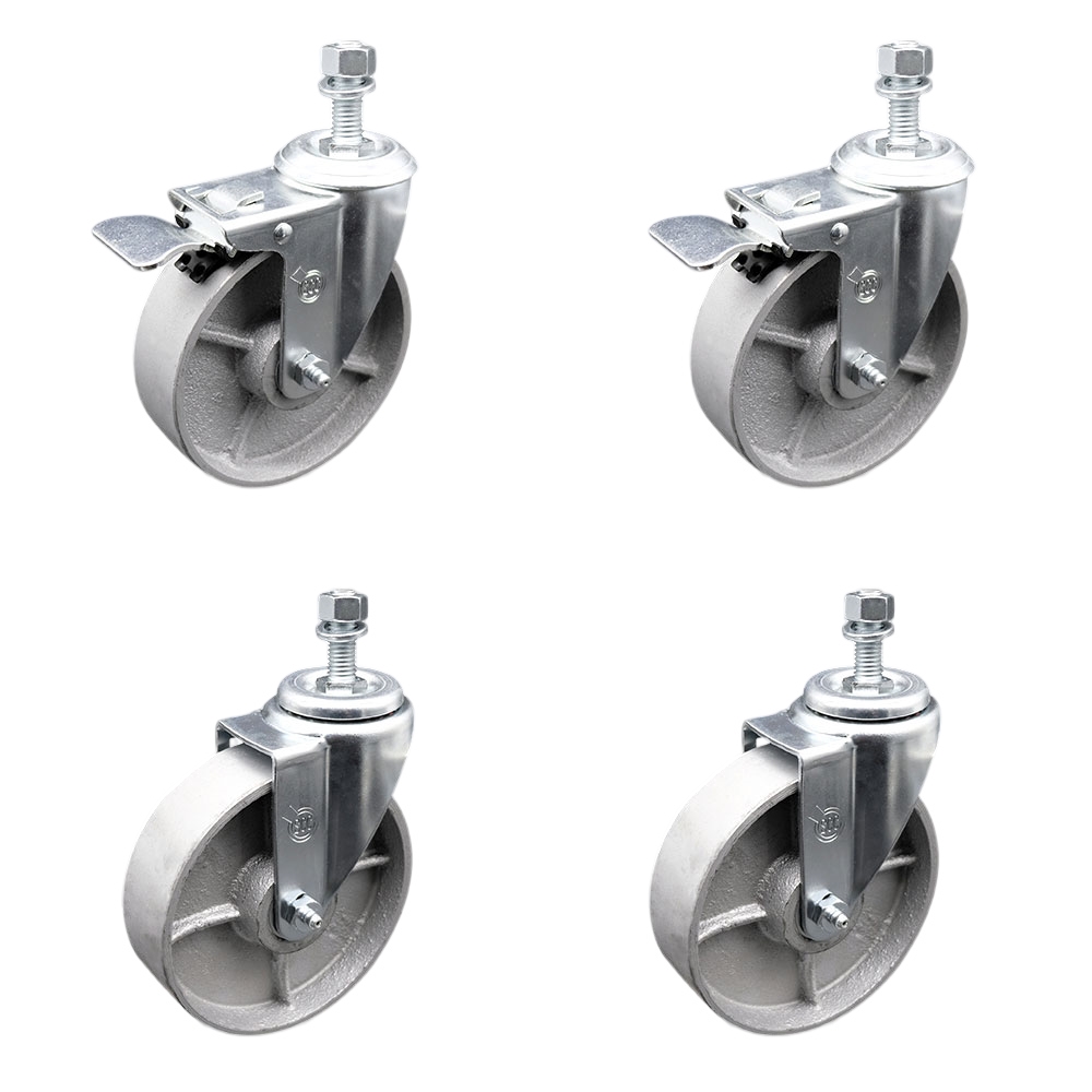 Semi Steel Cast Iron Swivel Threaded Stem Caster Set of 4 - 5" x 1.25" Silver Wheels and 1/2" Stems - Includes 2 with Total Locking Brake - 1200 lbs Total Capacity - Service Caster Brand — photo 1