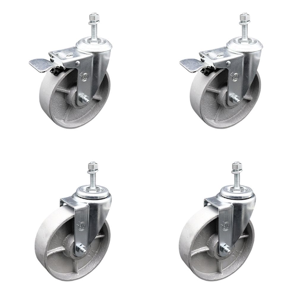 Semi Steel Cast Iron Swivel Threaded Stem Caster Set of 4 - 5" x 1.25" Silver Wheels and 3/8" Stems - Includes 2 with Total Locking Brake - 1200 lbs Total Capacity - Service Caster Brand — photo 1