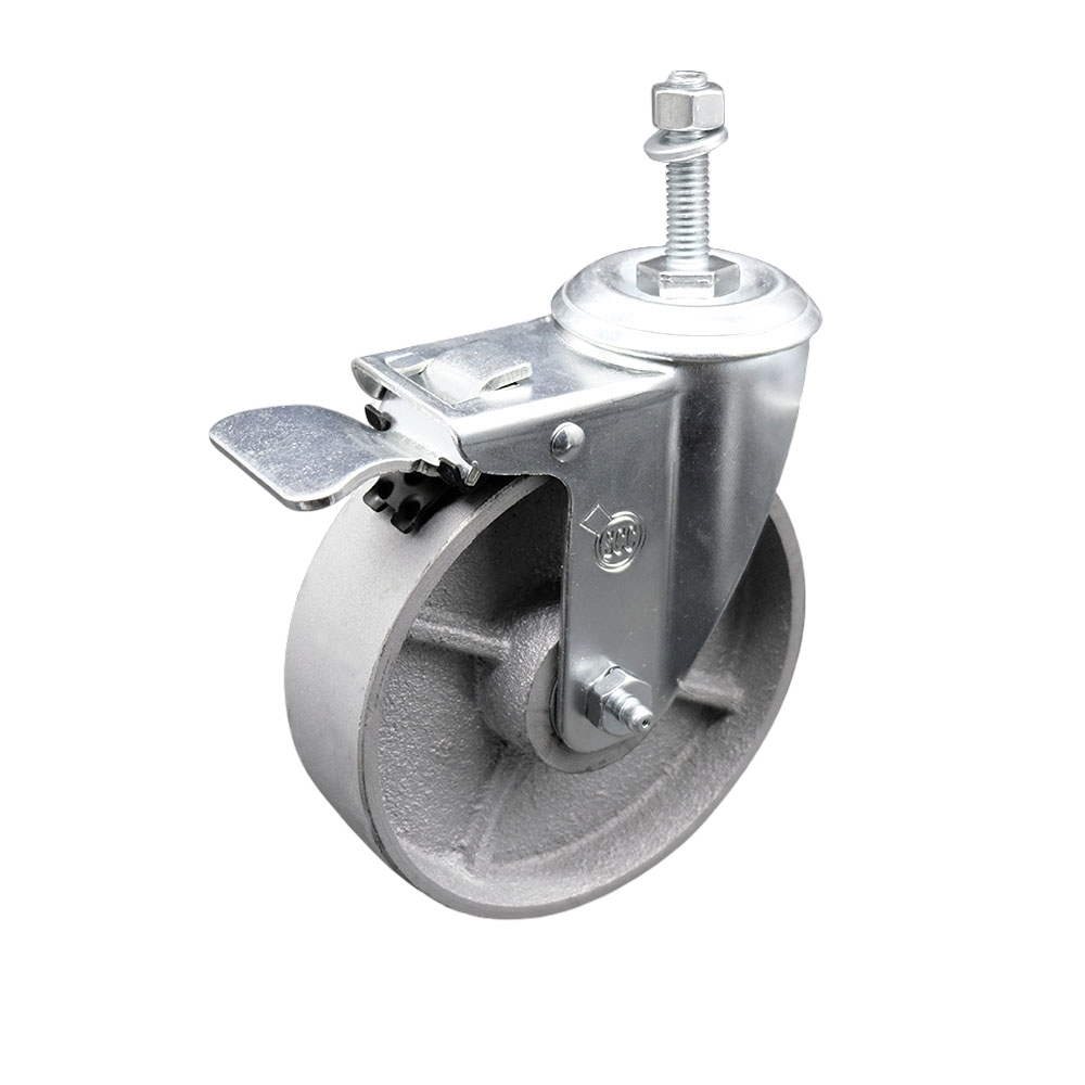 Semi Steel Cast Iron Swivel Threaded Stem Caster - 5" x 1.25" Silver Wheel and 3/8" Stem & Total Locking Brake - 300 lbs Capacity/Caster - Service Caster Brand — photo 1