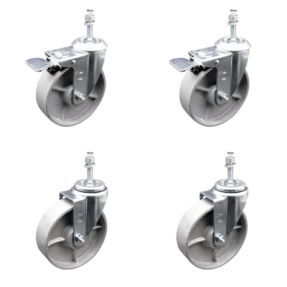Semi Steel Cast Iron Swivel Threaded Stem Caster Set of 4 - 5" x 1.25" Silver Wheels and 10MM Metric Stems - Includes 2 with Total Locking Brake - 1200 lbs Total Capacity - Service Caster Brand — photo 1