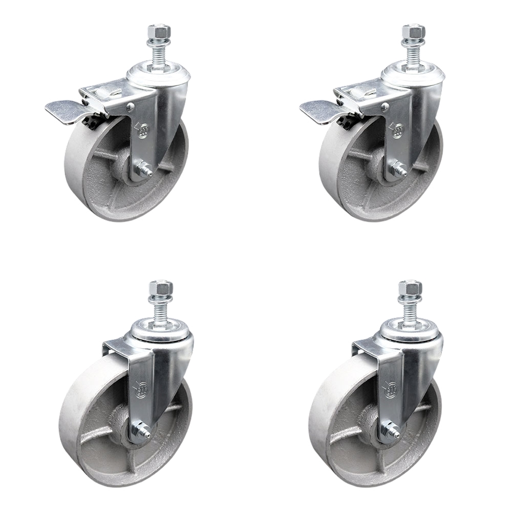 Semi Steel Cast Iron Swivel Threaded Stem Caster Set 4 w/Roller Bearing - 5" x 1.5" Silver Wheels & 12MM Metric Stems-Includes 2 with Total Locking Brake - 1200 lbs Total Capacity-Service Caster Brand — photo 1