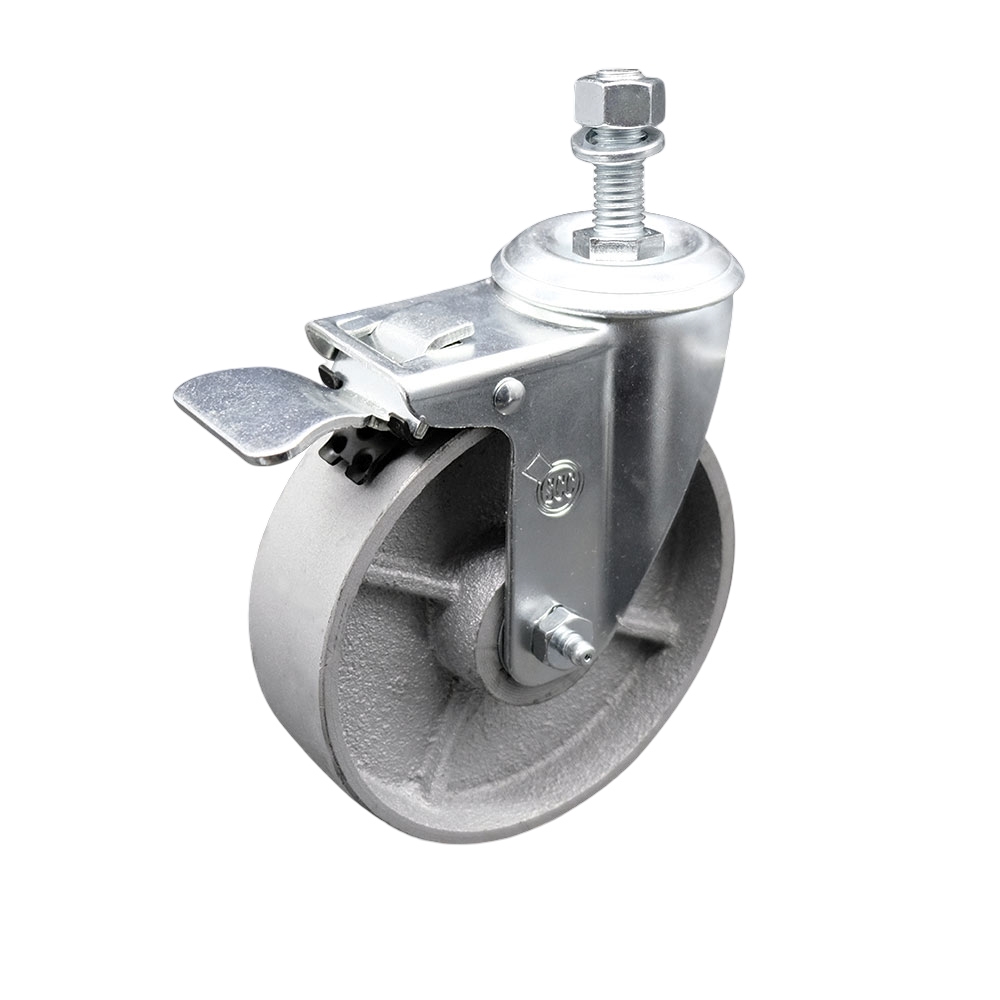 Semi Steel Cast Iron Swivel Threaded Stem Caster - 5" x 1.25" Silver Wheel and 12MM Metric Stem & Total Locking Brake - 300 lbs Capacity/Caster - Service Caster Brand — photo 1