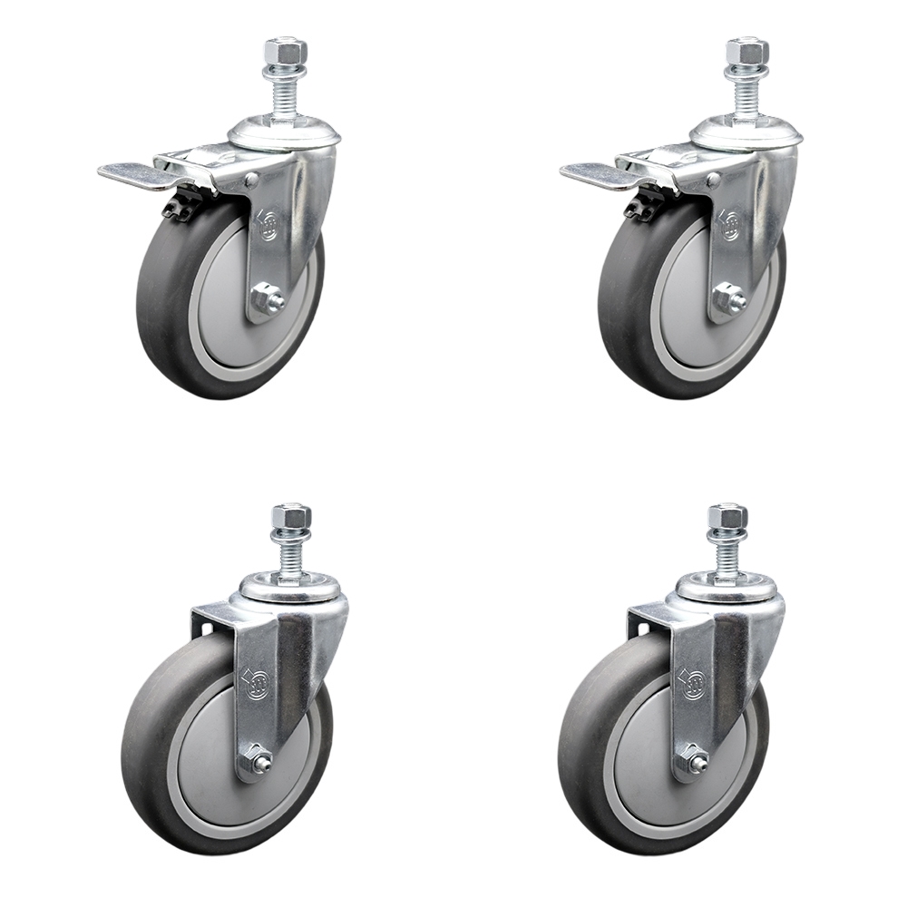 Thermoplastic Rubber Swivel Threaded Stem Caster Set of 4 - 5" x 1.25" Gray Wheels and 1/2" Stems - Includes 2 with Total Locking Brake - 1,200 lbs Total Capacity - Service Caster Brand — photo 1