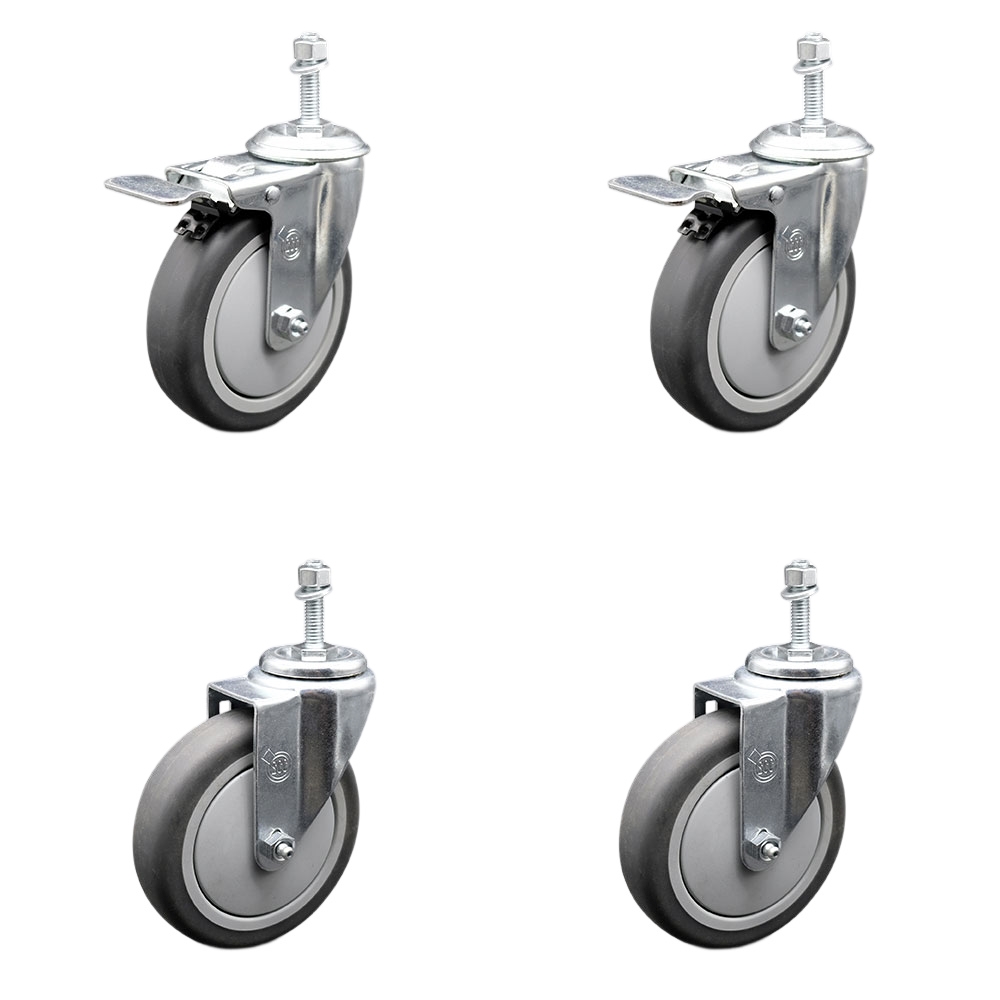 Thermoplastic Rubber Swivel Threaded Stem Caster Set of 4 - 5" x 1.25" Gray Wheels and 3/8" Stems - Includes 2 with Total Locking Brake - 1,200 lbs Total Capacity - Service Caster Brand — photo 1