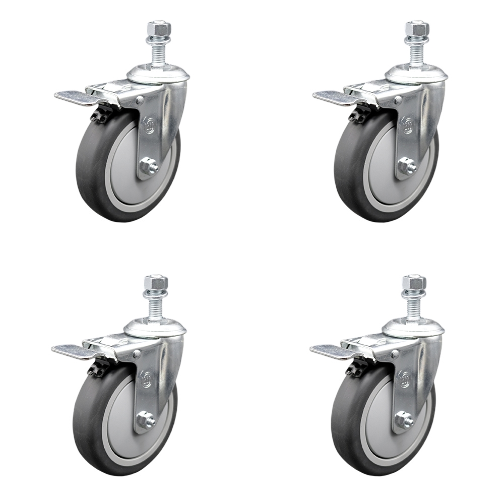 Thermoplastic Rubber Swivel Threaded Stem Caster Set of 4 w/5" x 1.25" Gray Wheels and 3/8" Stems - Includes 4 with Total Lock Brakes - 1200 lbs Total Capacity - Service Caster Brand — photo 1