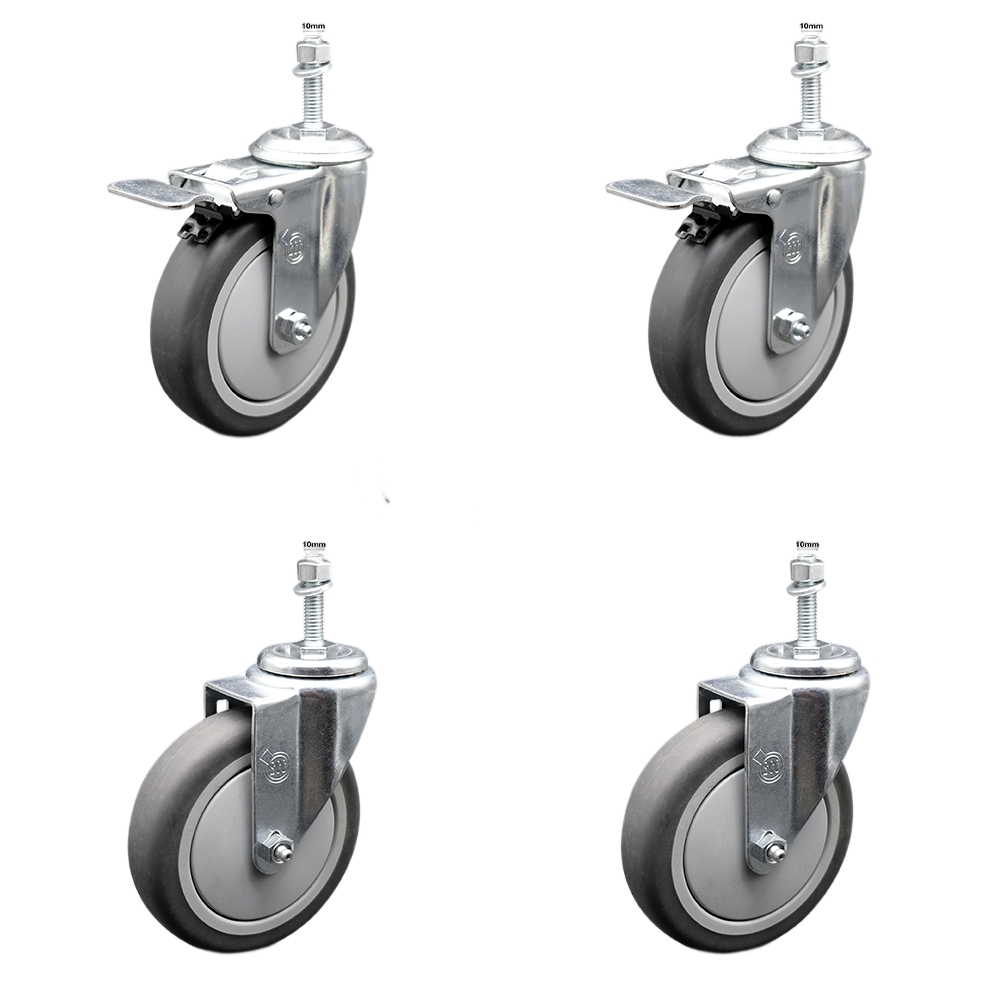 Thermoplastic Rubber Swivel Threaded Stem Caster Set of 4 - 5" x 1.25" Gray Wheels and 10MM Metric Stems - Includes 2 with Total Locking Brake - 1,200 lbs Total Capacity - Service Caster Brand — photo 1