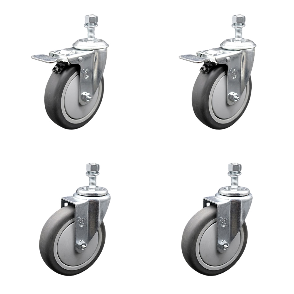Thermoplastic Rubber Swivel Threaded Stem Caster Set of 4 - 5" x 1.25" Gray Wheels and 12MM Metric Stems - Includes 2 with Total Locking Brake - 1,200 lbs Total Capacity - Service Caster Brand — photo 1