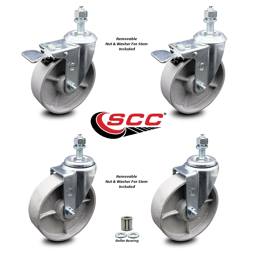 Semi Steel Swvl TS Caster Set 4 w/Roller Bearing5" Wheel&1/2" Stems2
