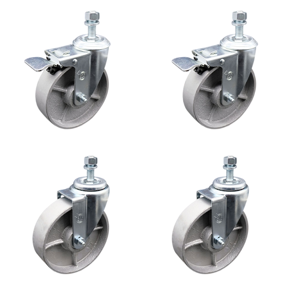 Semi Steel Cast Iron Swivel Threaded Stem Caster Set of 4 w/Roller Bearing - 5" x 1.5" Silver Wheels and 1/2" Stems - Includes 2 with Total Locking Brake - 1200 lbs Total Capacity-Service Caster Brand — photo 1