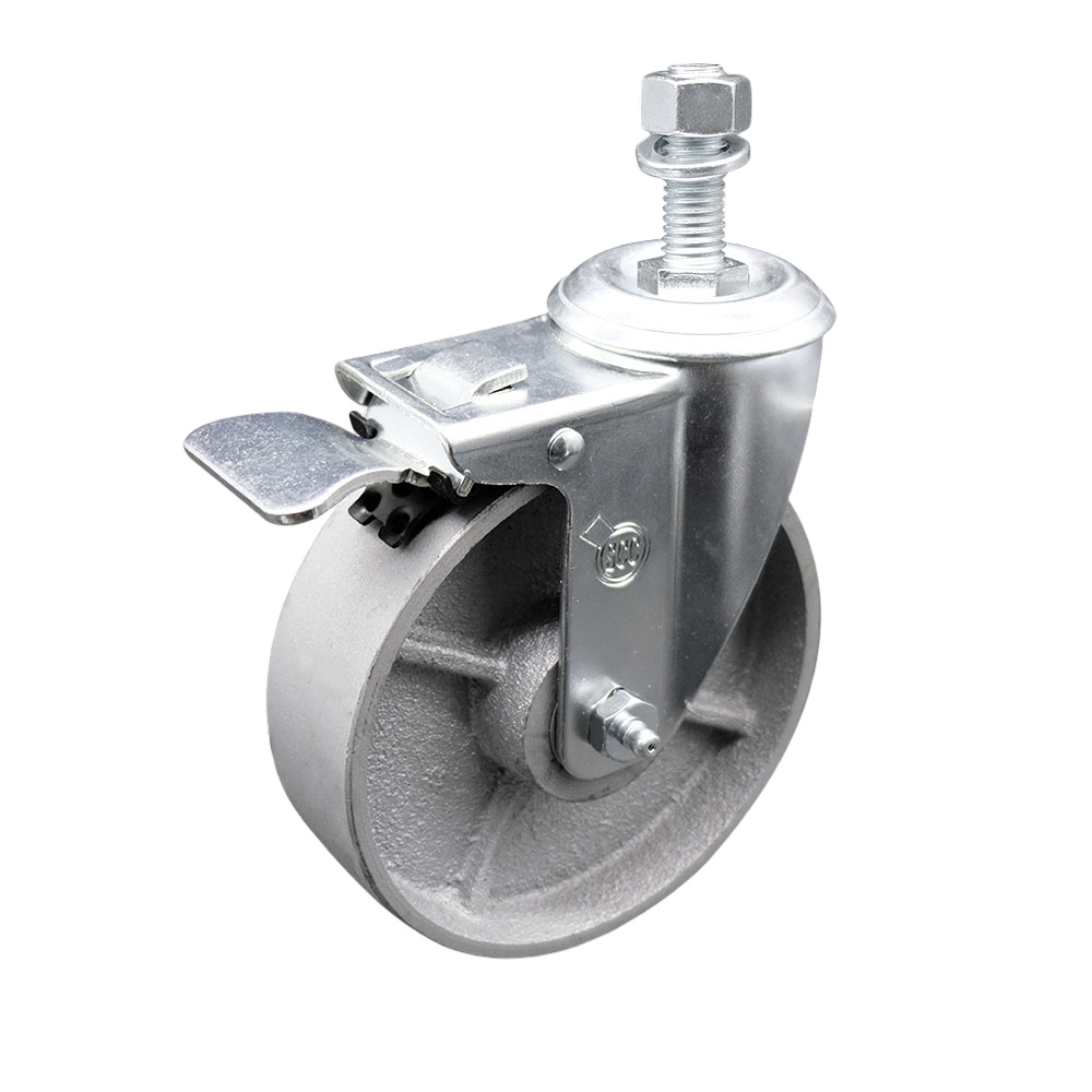 Semi Steel Cast Iron Swivel Threaded Stem Caster w/Roller Bearing - 5" x 1.5" Silver Wheel and 1/2" Stem & Total Locking Brake - 300 lbs Capacity/Caster - Service Caster Brand — photo 1