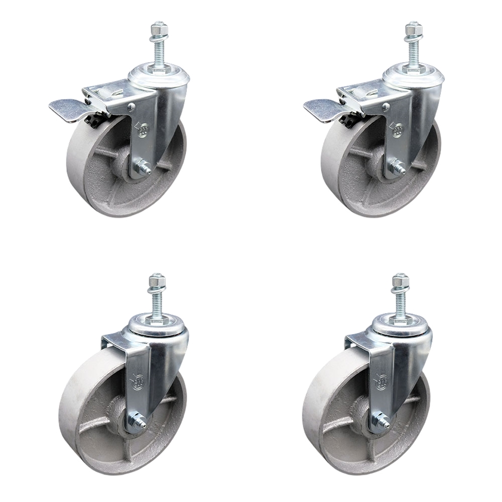 Semi Steel Cast Iron Swivel Threaded Stem Caster Set of 4 w/Roller Bearing - 5" x 1.5" Silver Wheels and 3/8" Stems - Includes 2 with Total Locking Brake - 1200 lbs Total Capacity-Service Caster Brand — photo 1