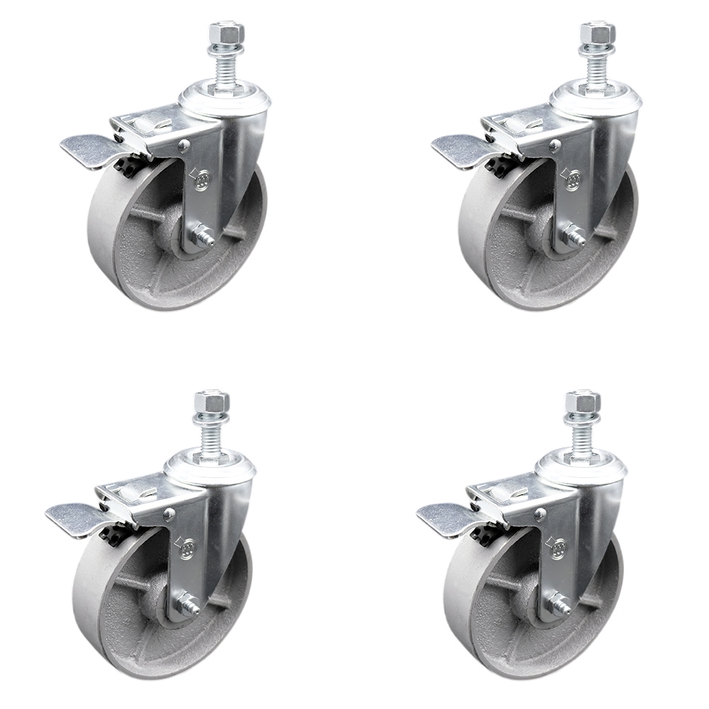 Semi Steel Cast Iron Swivel Threaded Stem Caster w/Roller Bearing Set of 4 w/5" x 1.5" Silver Wheels and 3/8" Stems - Includes 4 with Total Lock Brakes - 1200 lbs Total Capacity - Service Caster Brand — photo 1