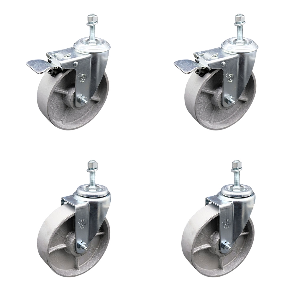 Semi Steel Cast Iron Swivel Threaded Stem Caster Set 4 w/Roller Bearing - 5" x 1.5" Silver Wheels & 10MM Metric Stems-Includes 2 with Total Locking Brake - 1200 lbs Total Capacity-Service Caster Brand — photo 1
