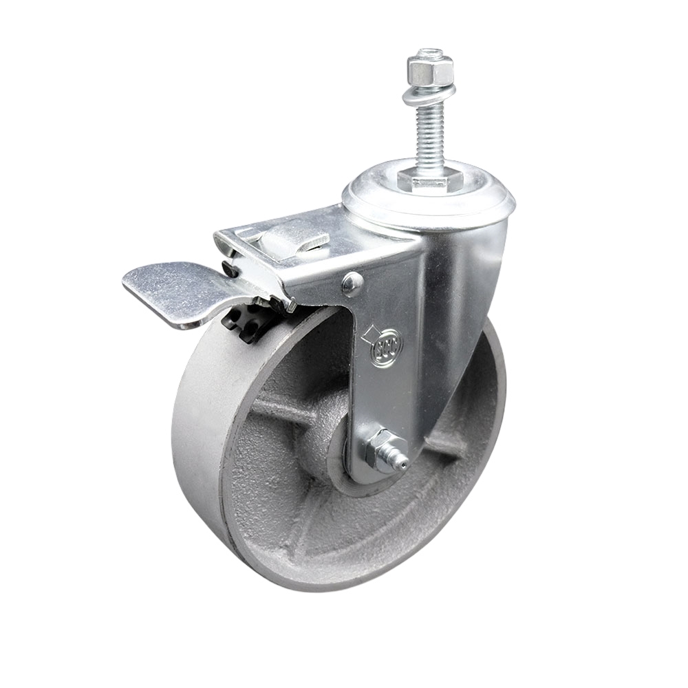 Semi Steel Cast Iron Swivel Threaded Stem Caster w/Roller Bearing - 5" x 1.5" Silver Wheel and 10MM Metric Stem & Total Locking Brake - 300 lbs Capacity/Caster - Service Caster Brand — photo 1